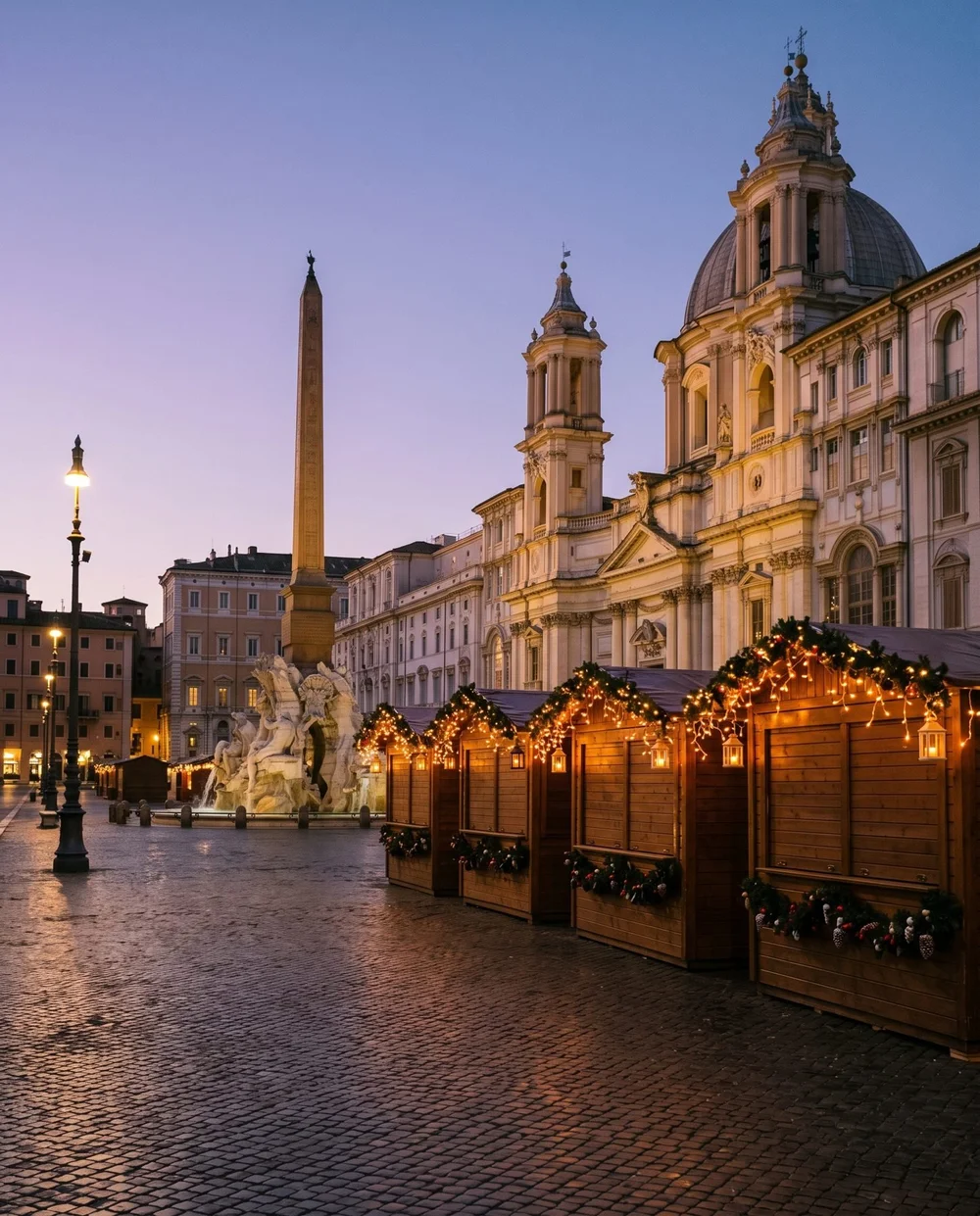 Piazza Navona Christmas market stalls glowing at dusk in Rome