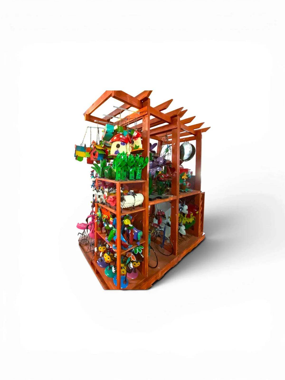 Full-size Rustic Pavilion Display stocked with colorful metal garden products.