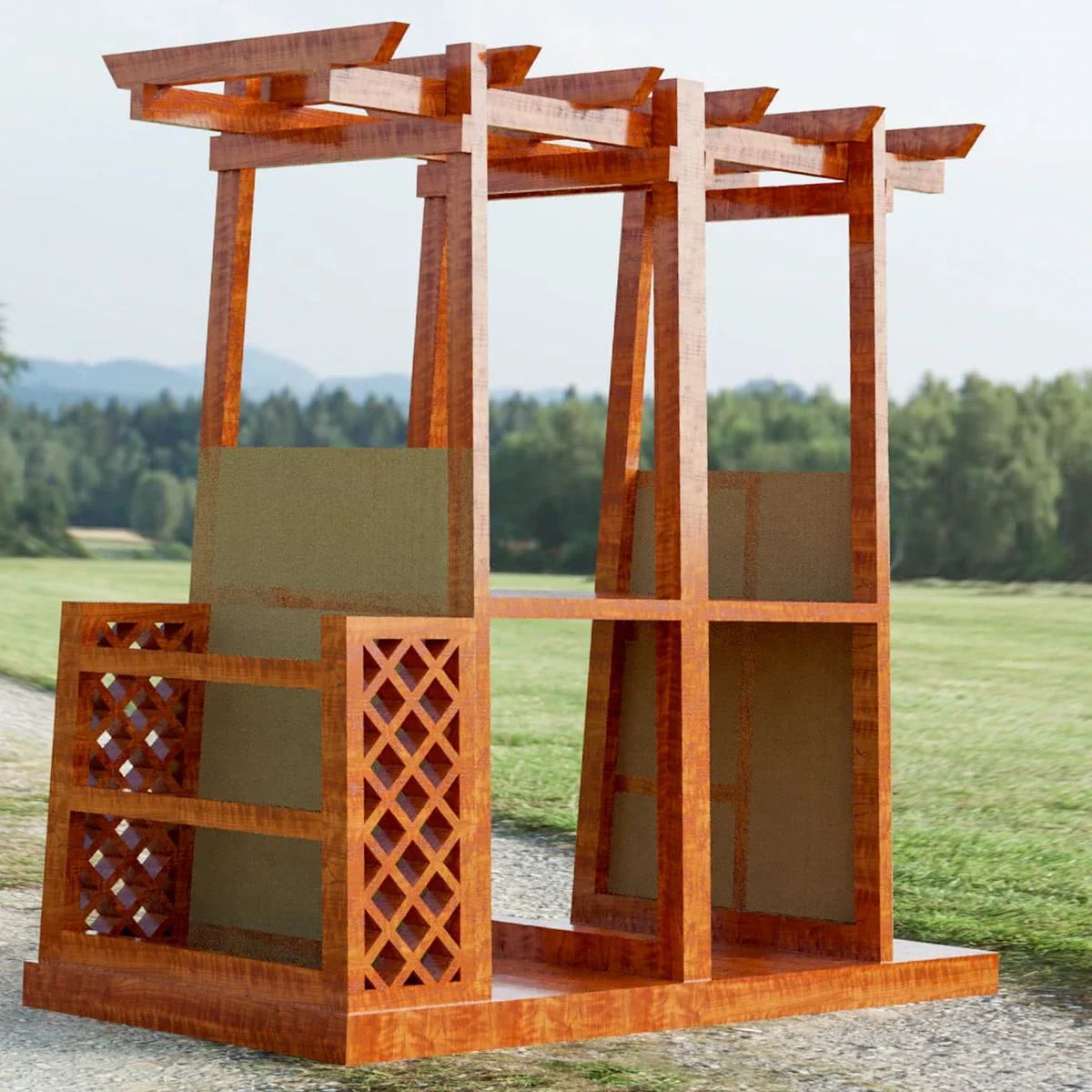 Design visualization of the Rustic Pavilion Display in a grassy setting.