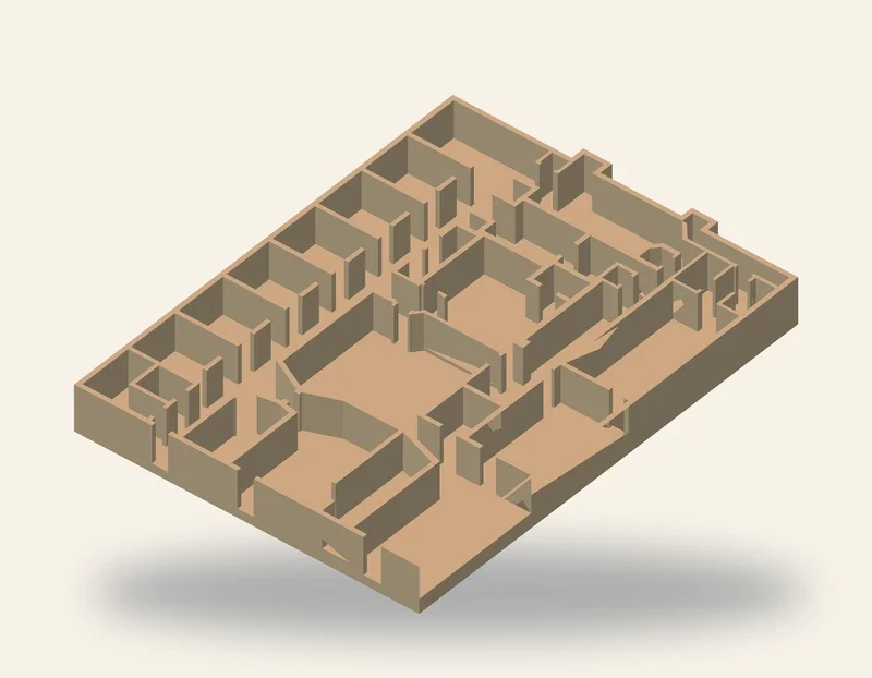 Isometric presentation render of the dental-office wall-layout model geometry.