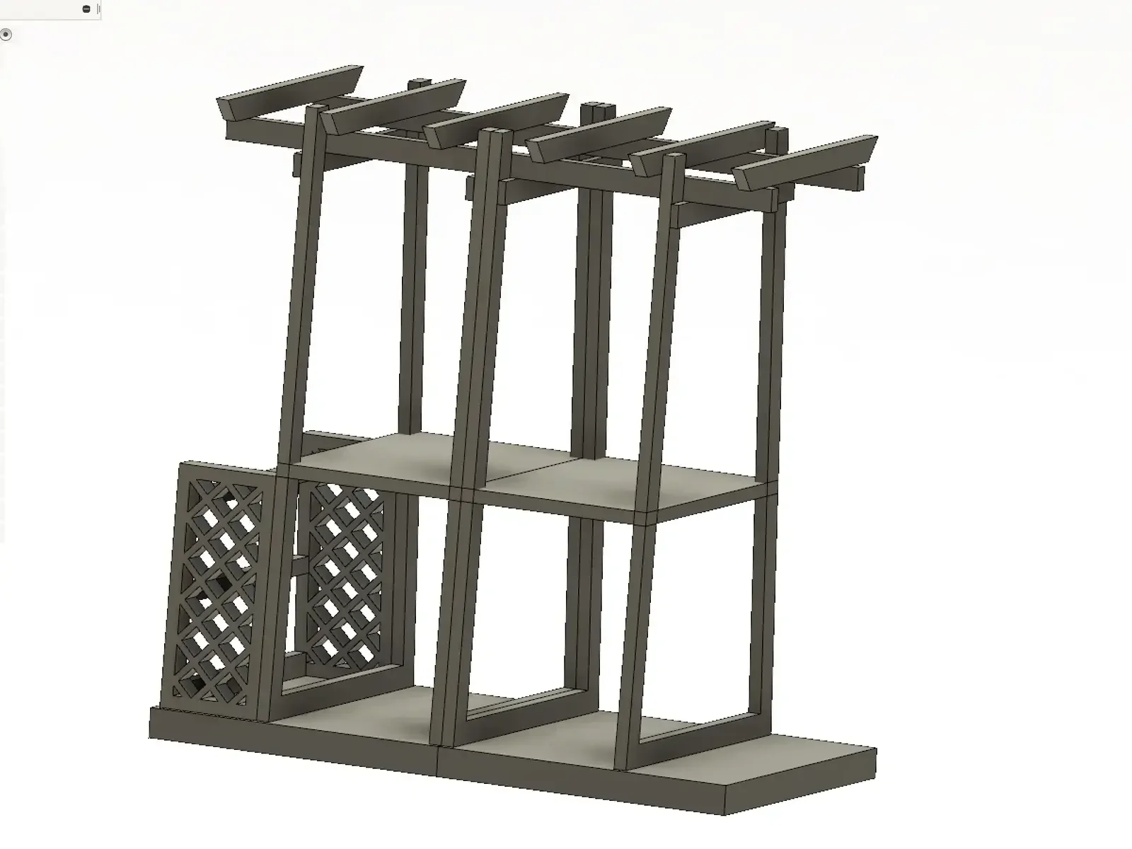 CAD model of the Rustic Pavilion Display with a layered roofline, open bays and lattice panels.