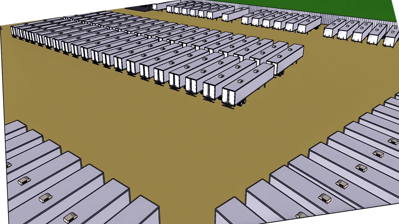 Digital massing view of a truck lot with repeated parking elements and yard circulation.