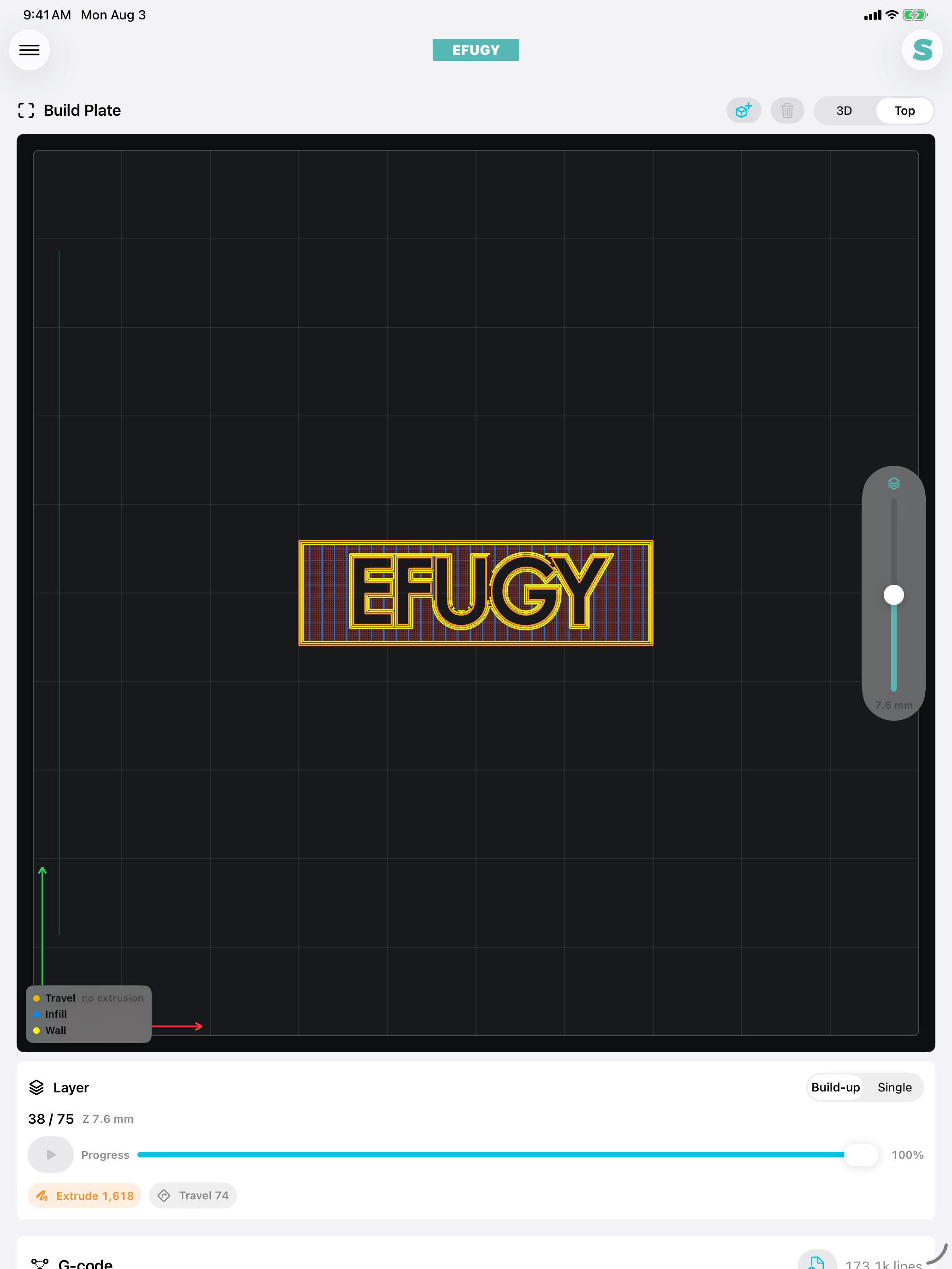 EFUGY 3D Slicer on iPad showing a complete active-layer toolpath preview