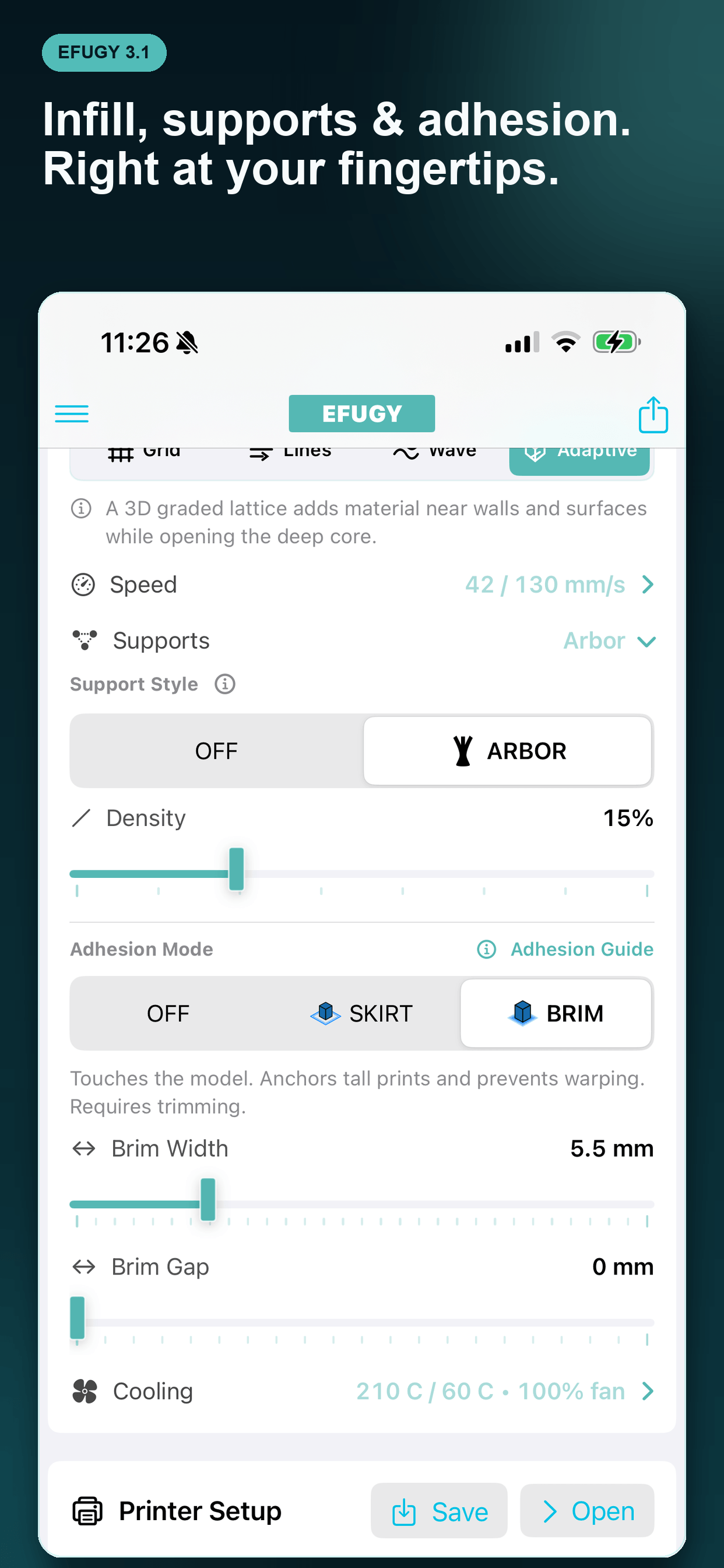 EFUGY Version 3 on iPhone showing infill, support, and adhesion settings