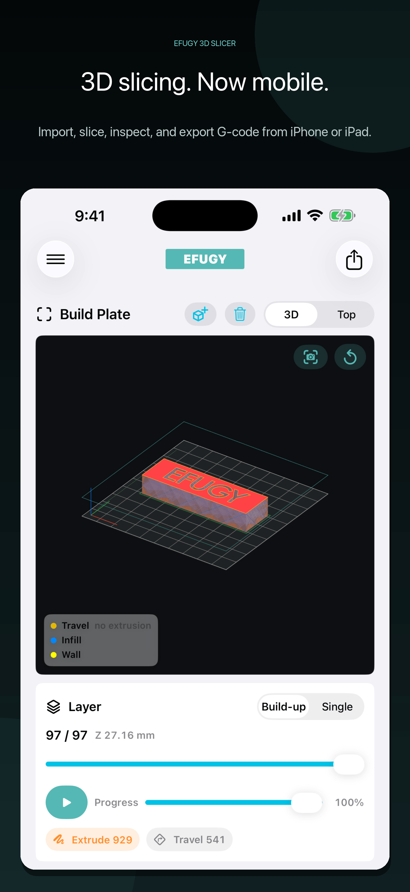 EFUGY 3D Slicer on iPhone showing a complete mobile toolpath preview