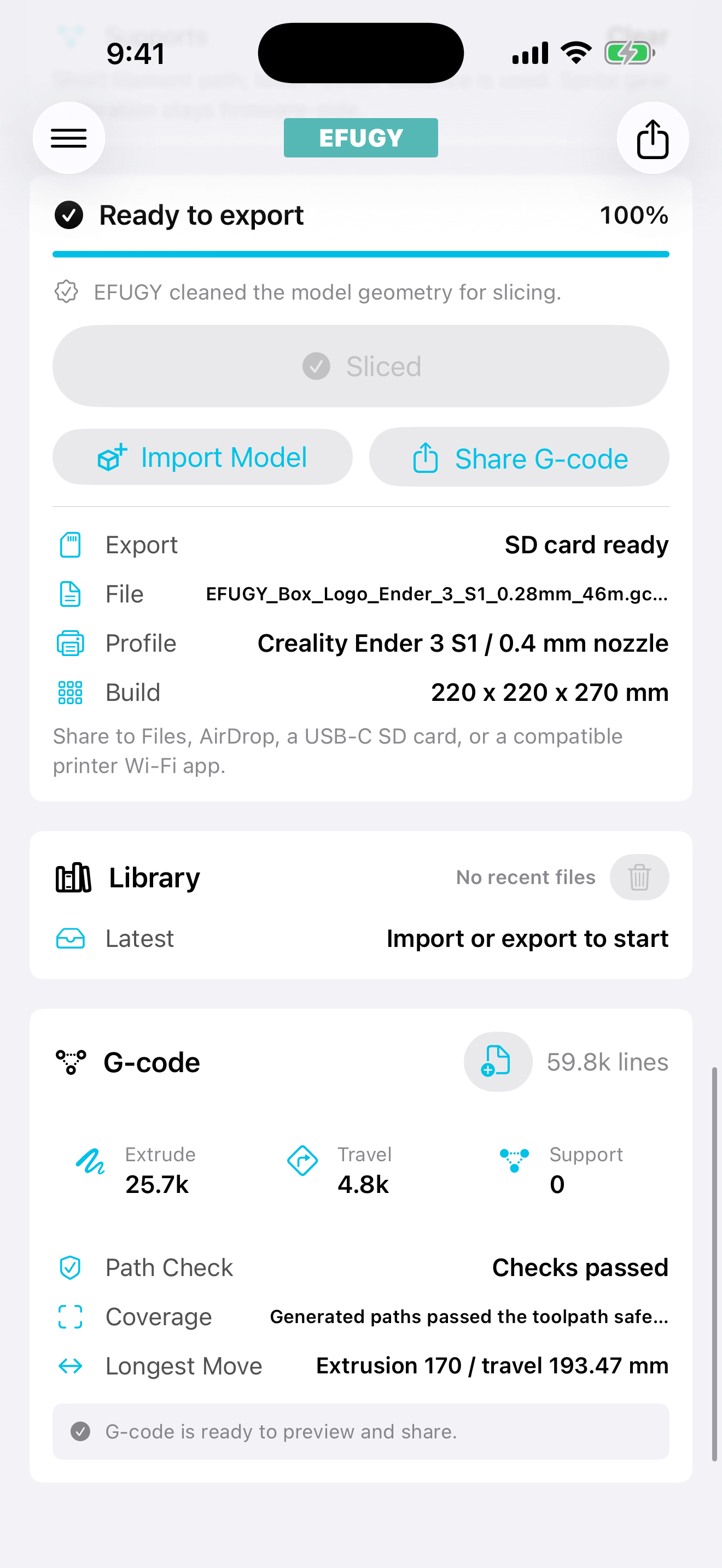 EFUGY 3D Slicer on iPhone showing export checks and an SD-card-ready G-code file