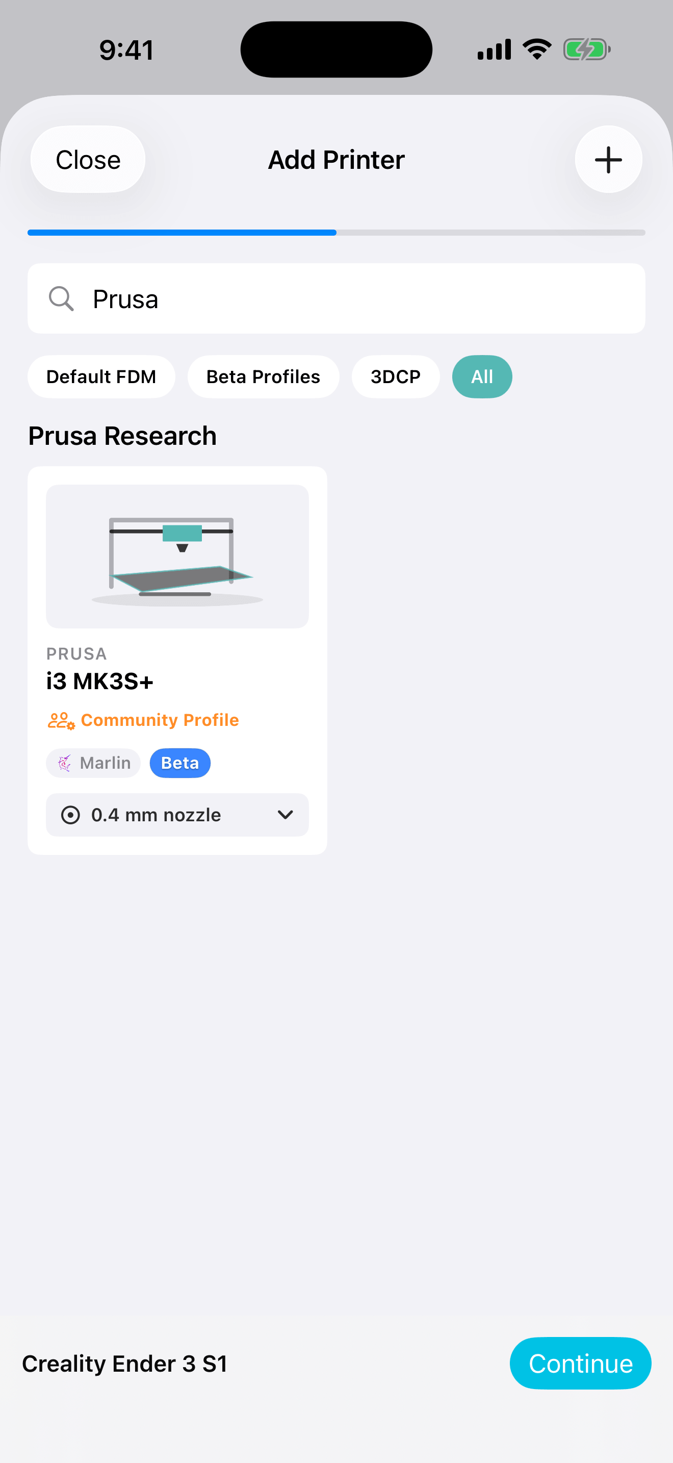 EFUGY 3D Slicer printer catalog on iPhone showing the Prusa i3 MK3S+ Community Profile
