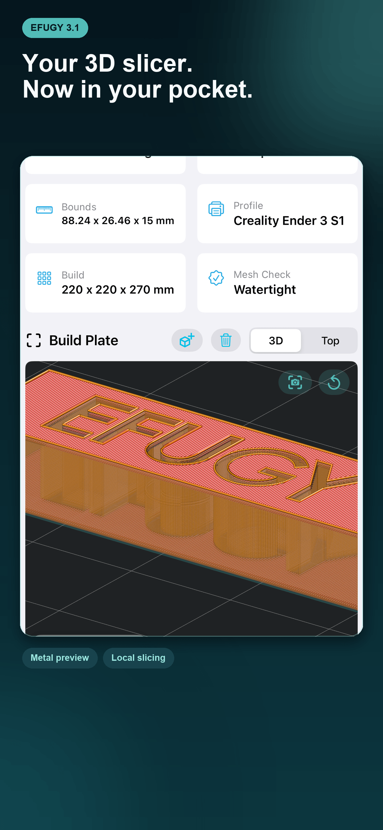 EFUGY Version 3 showing the EFUGY logo model and printer facts on iPhone