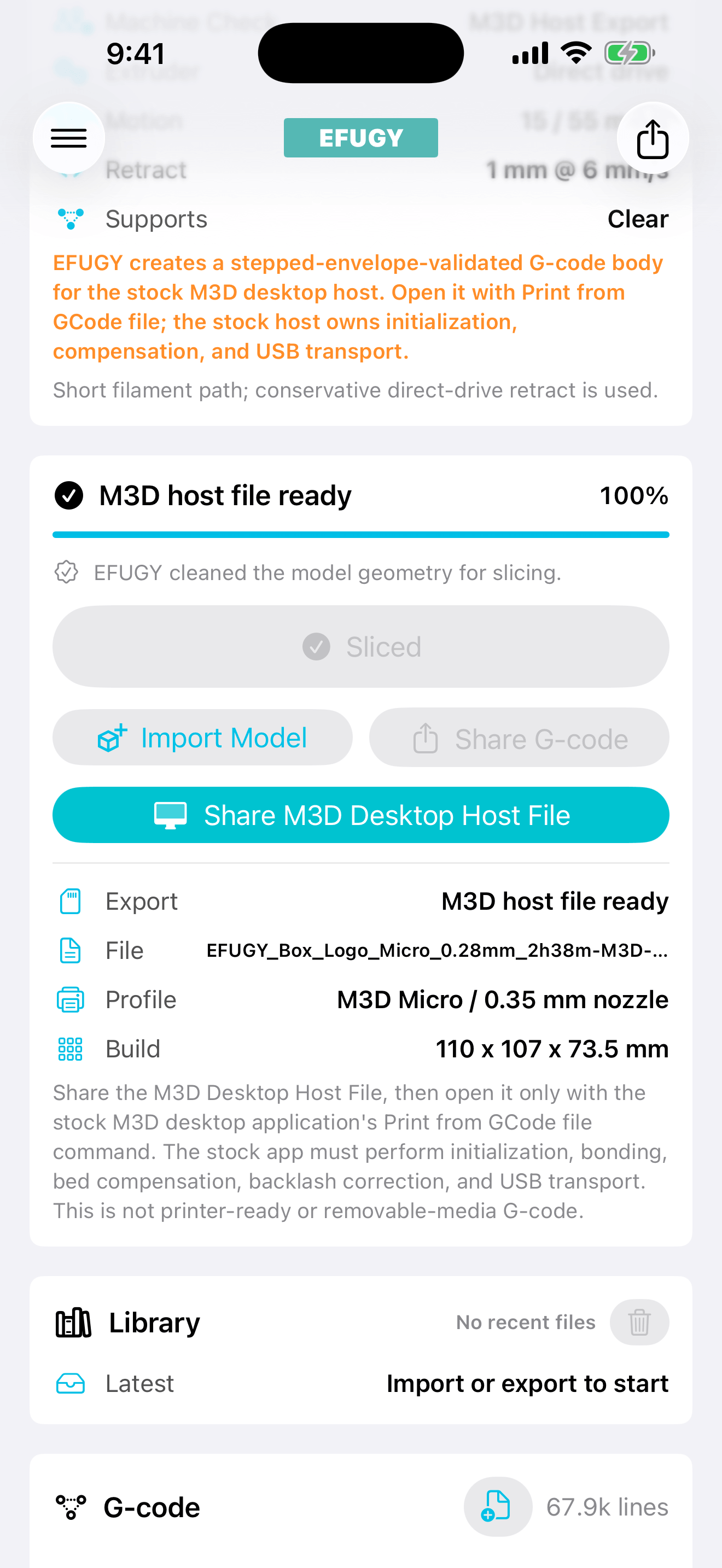 EFUGY 3D Slicer on iPhone showing an M3D Desktop Host File ready to share