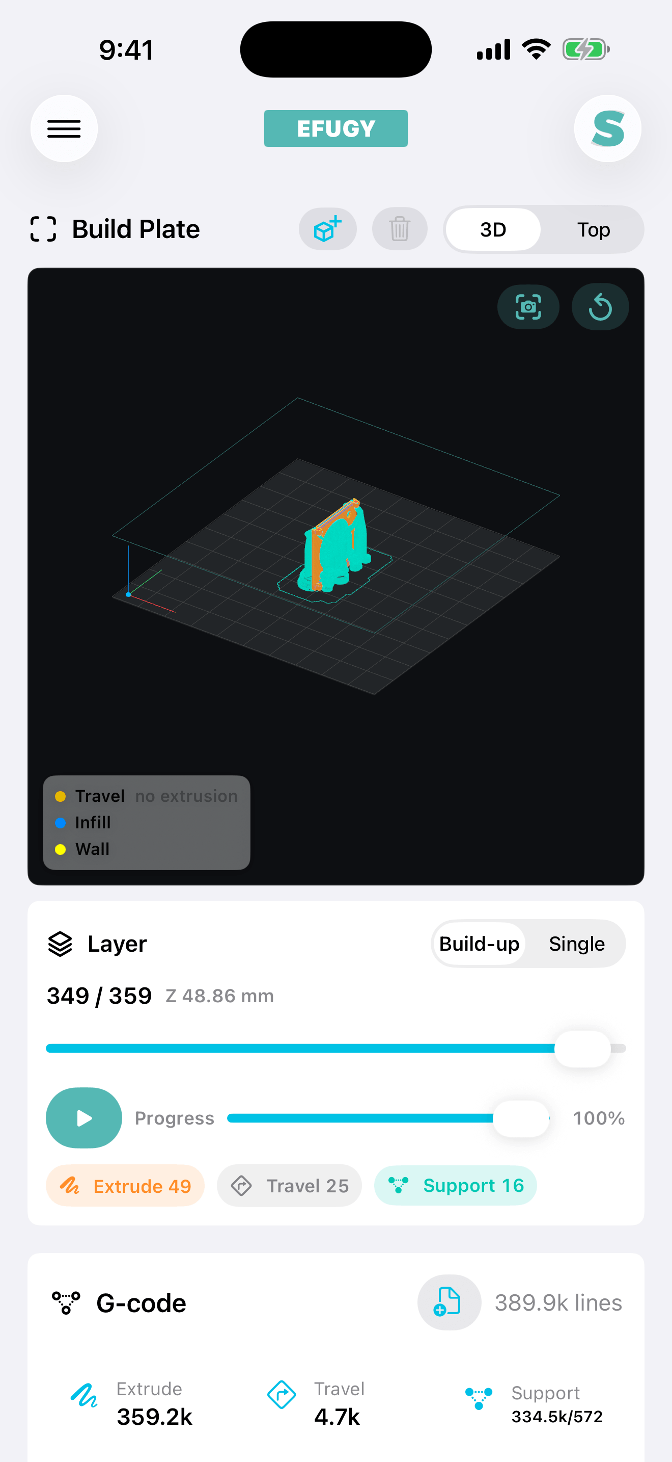 EFUGY 3D Slicer on iPhone showing Arbor supports