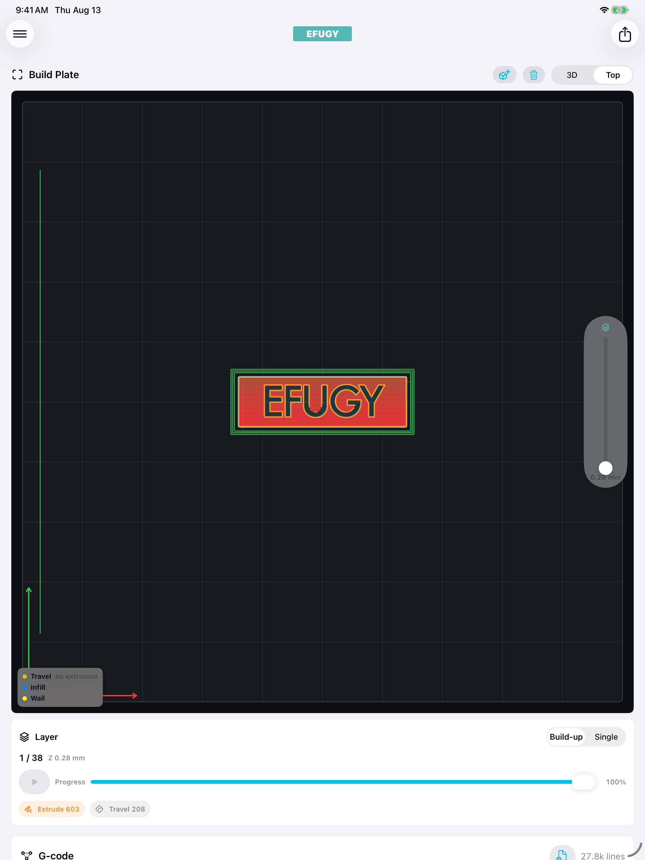 EFUGY 3D Slicer on iPad showing connected first-layer toolpaths in top view