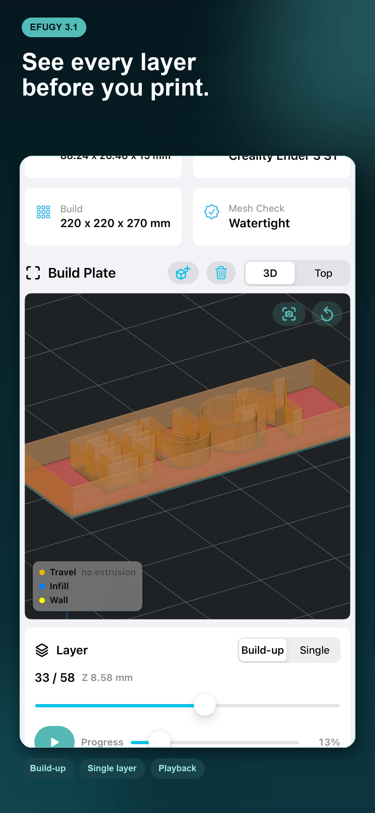 EFUGY Version 3 on iPhone showing a complete active-layer toolpath preview