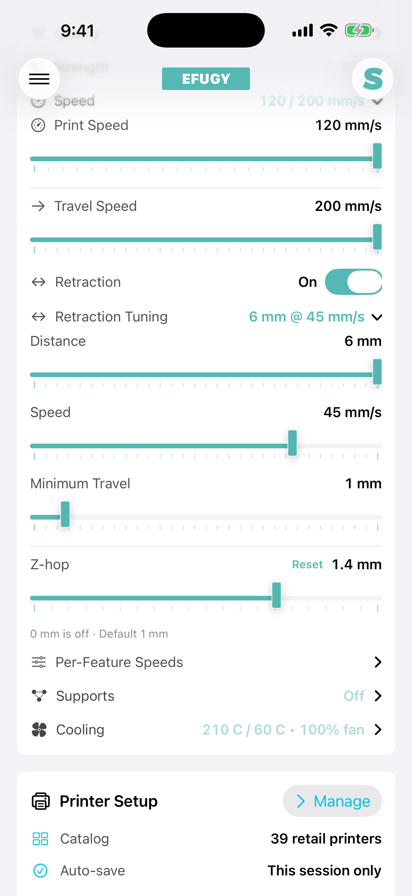 EFUGY 3D Slicer on iPhone showing the Z-hop control set to 1.4 millimeters
