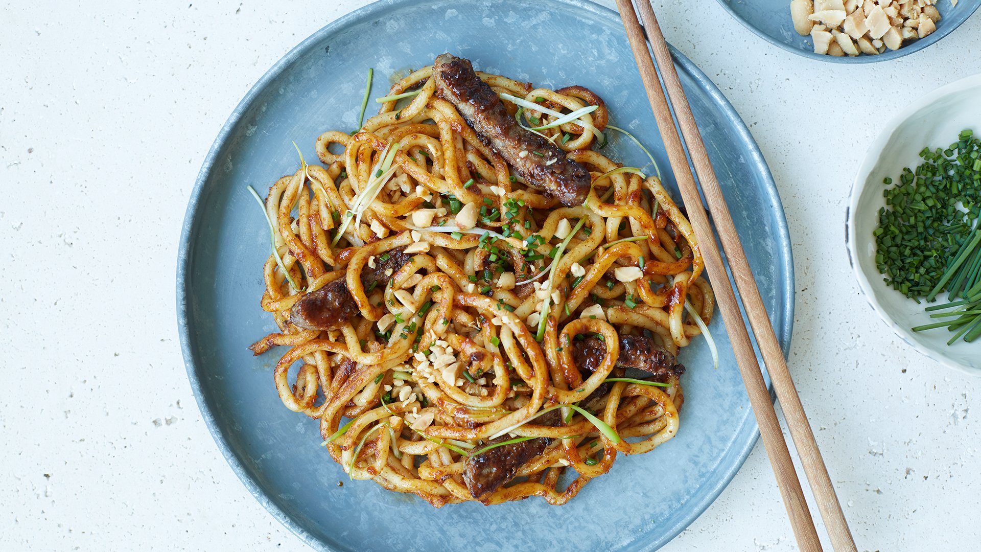 Miso Tasty Yaki Udon Noodles with Crispy Beef Strips, Crushed Peanuts & Chives