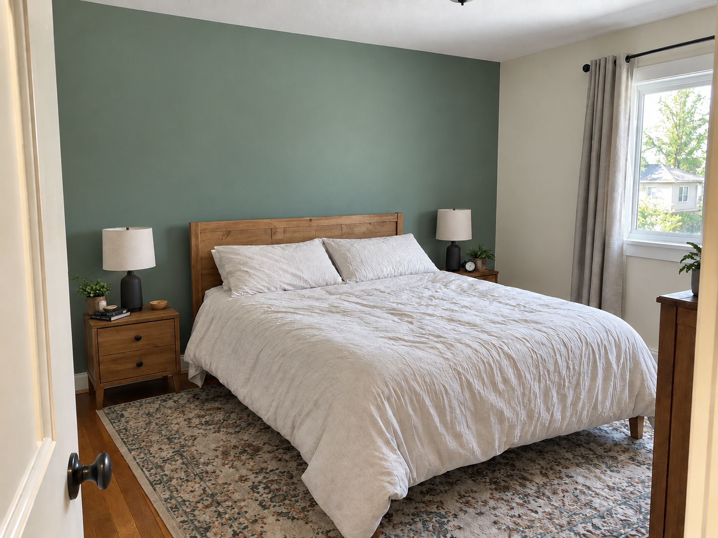 Bedroom with a muted green accent wall behind a wooden bed and white bedding