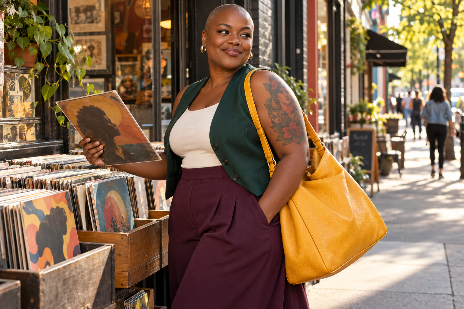 A woman with a shaved head, a nose ring, and a gold bag browsing records outside a shop