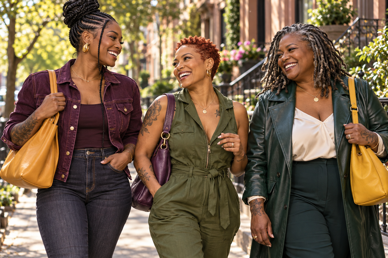 Women in their thirties, forties, and fifties with a braided bun, copper buzz cut, and salt-and-pepper locs walking together with bags