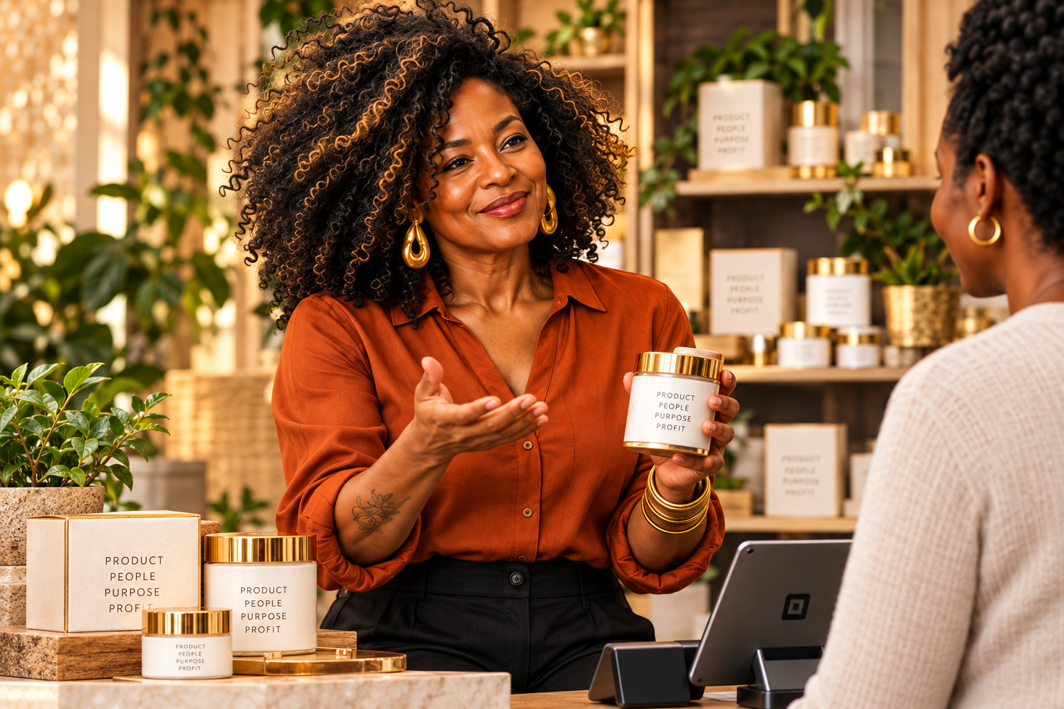 A Black woman entrepreneur confidently showing her product to a customer at her business.