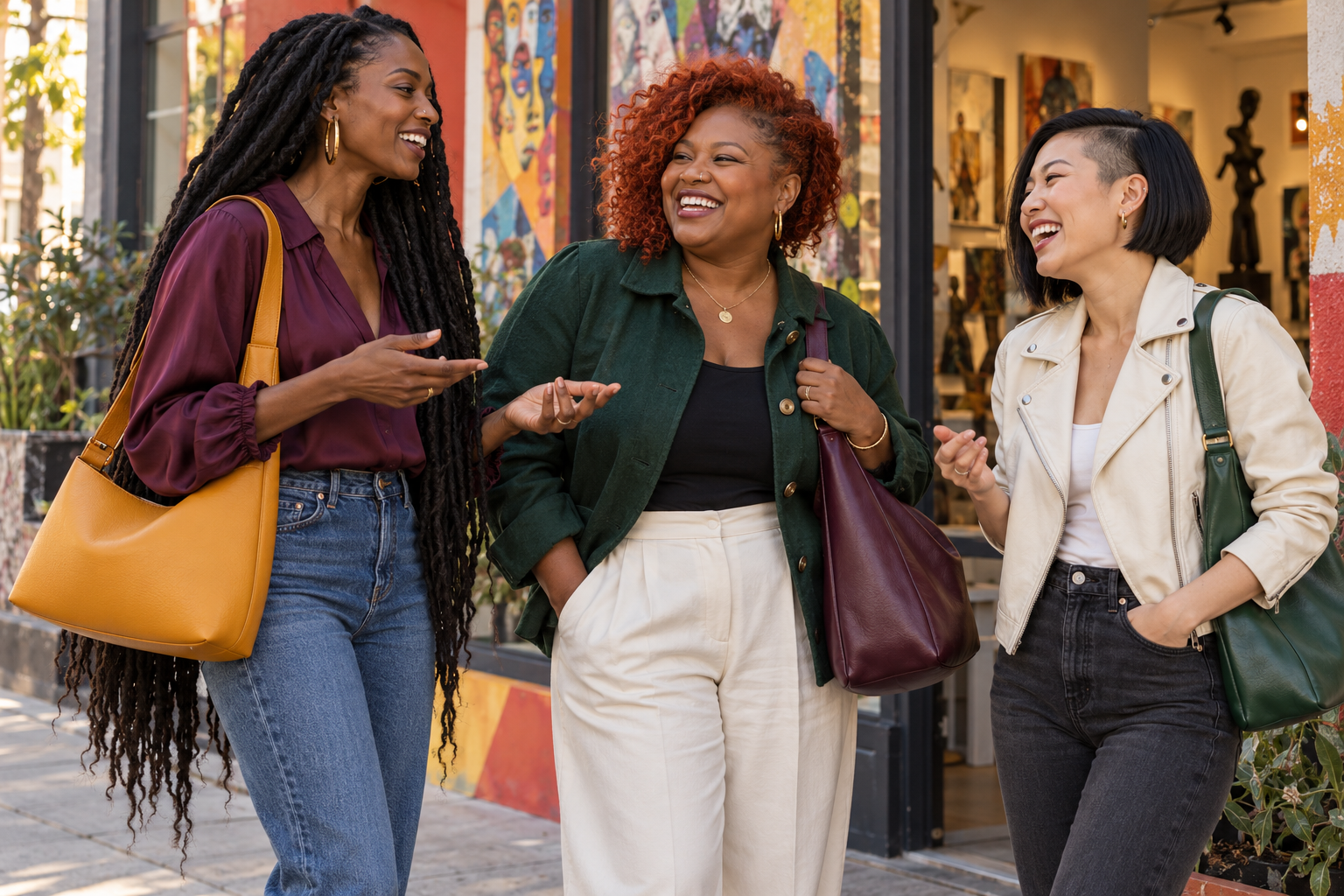 Three women with long locs, copper curls, and a sleek bob sharing a conversation with colorful bags