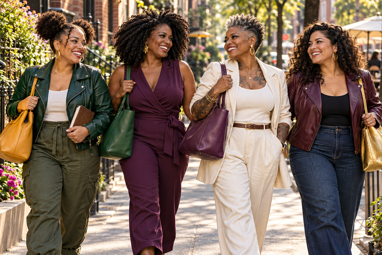 Four women with individual styles and colorful bags walking forward together
