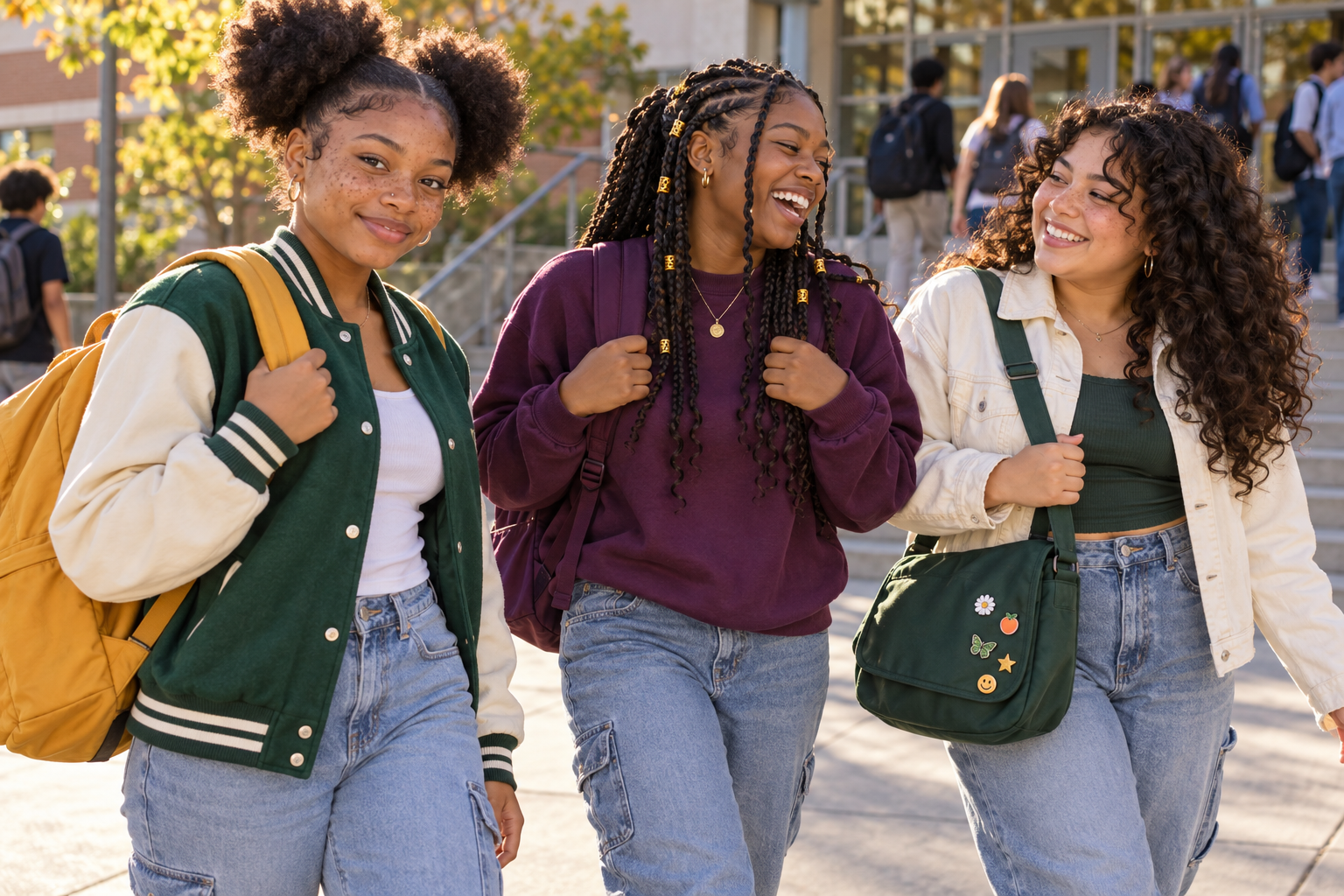 Three high school girls with individual hairstyles and gold, plum, and green school bags