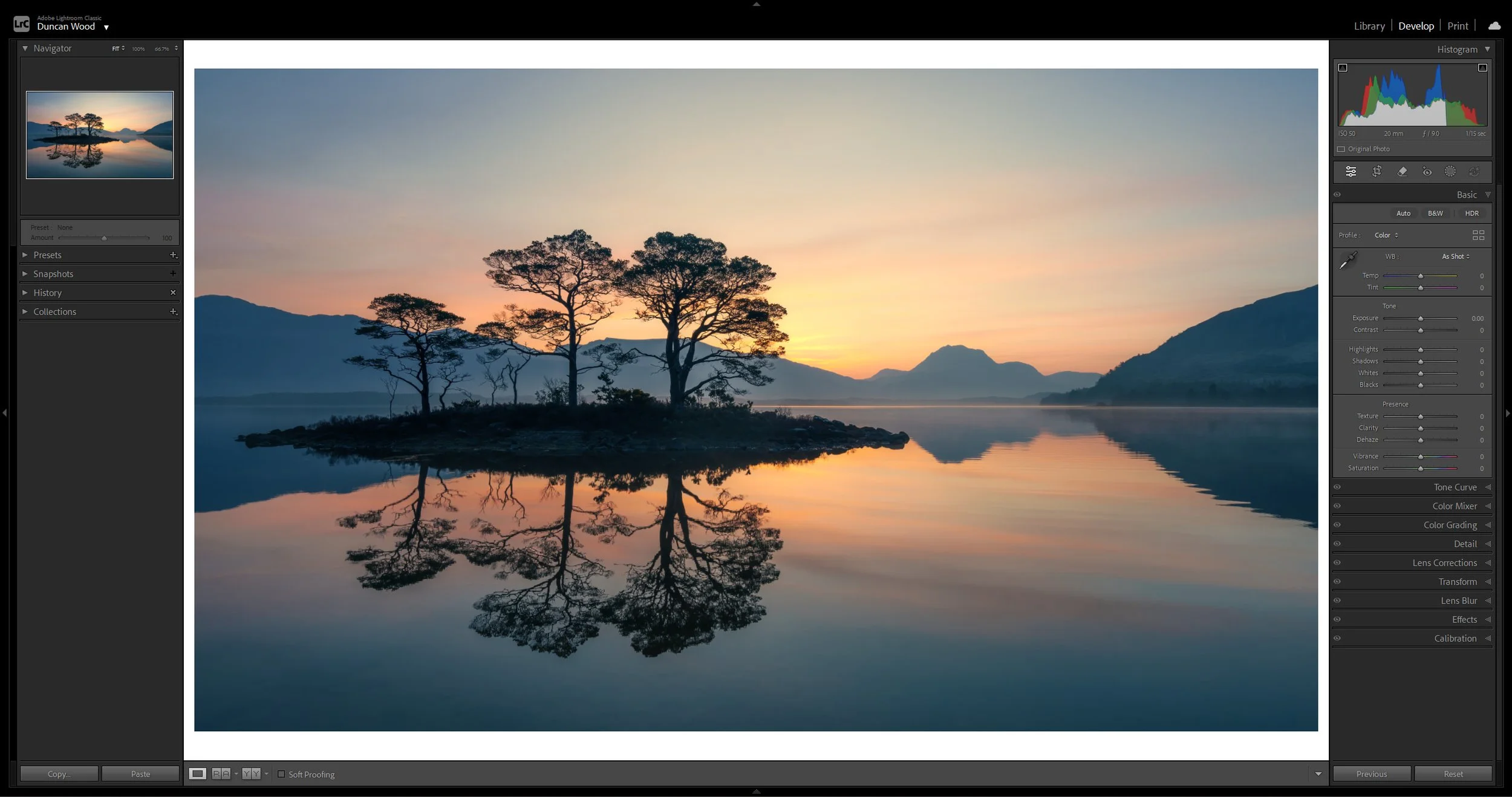 Adobe Lightroom Classic editing workspace showing a Scottish landscape photograph during one-to-one online Lightroom tuition