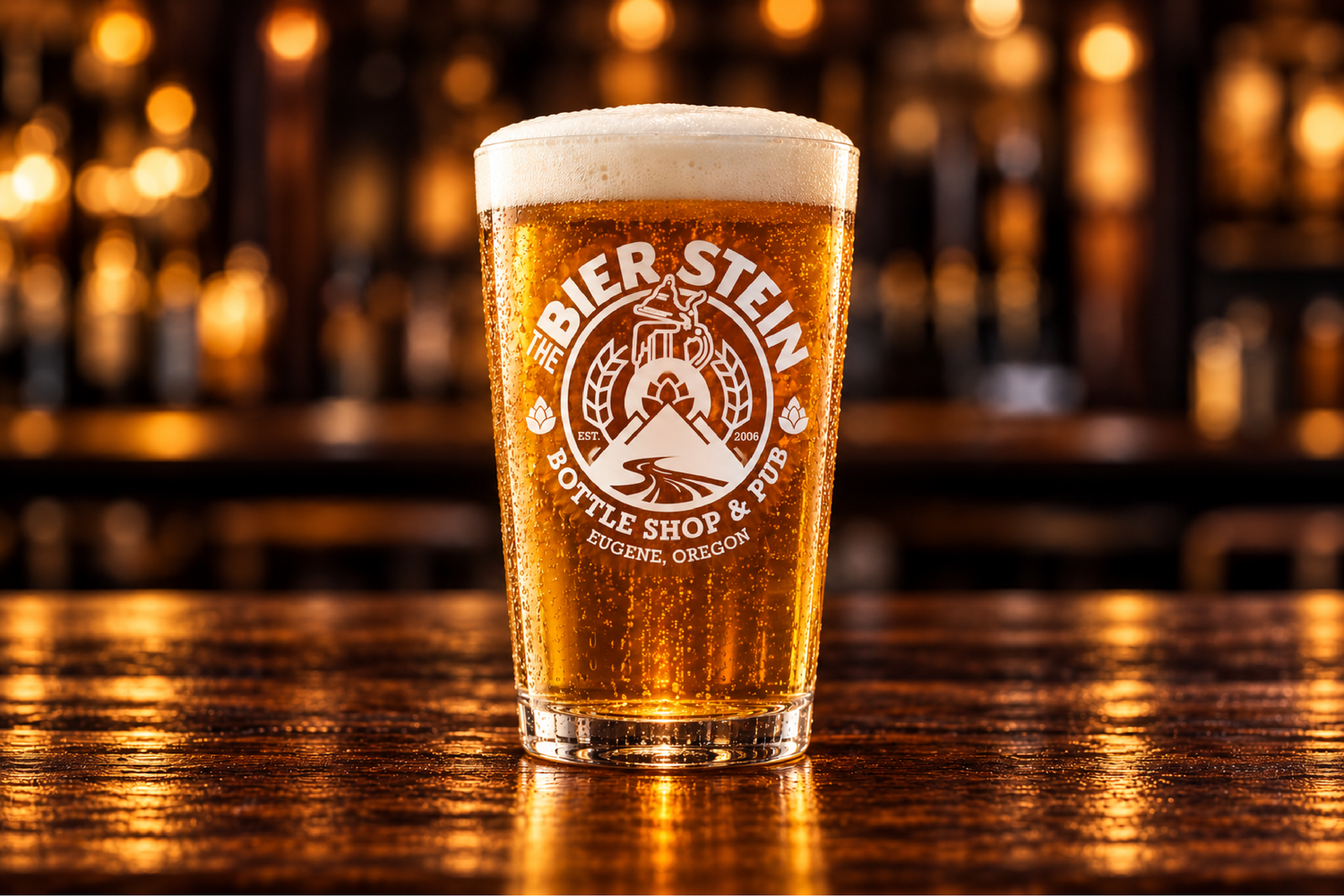 The Bier Stein / The new badge, etched on a pint glass