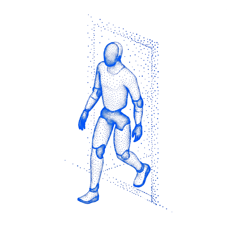 Blue dot illustration of a humanoid robot