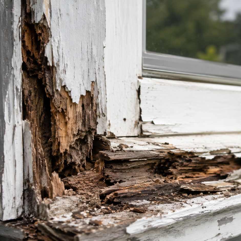 warm wet-rotted window frame pressed with finger