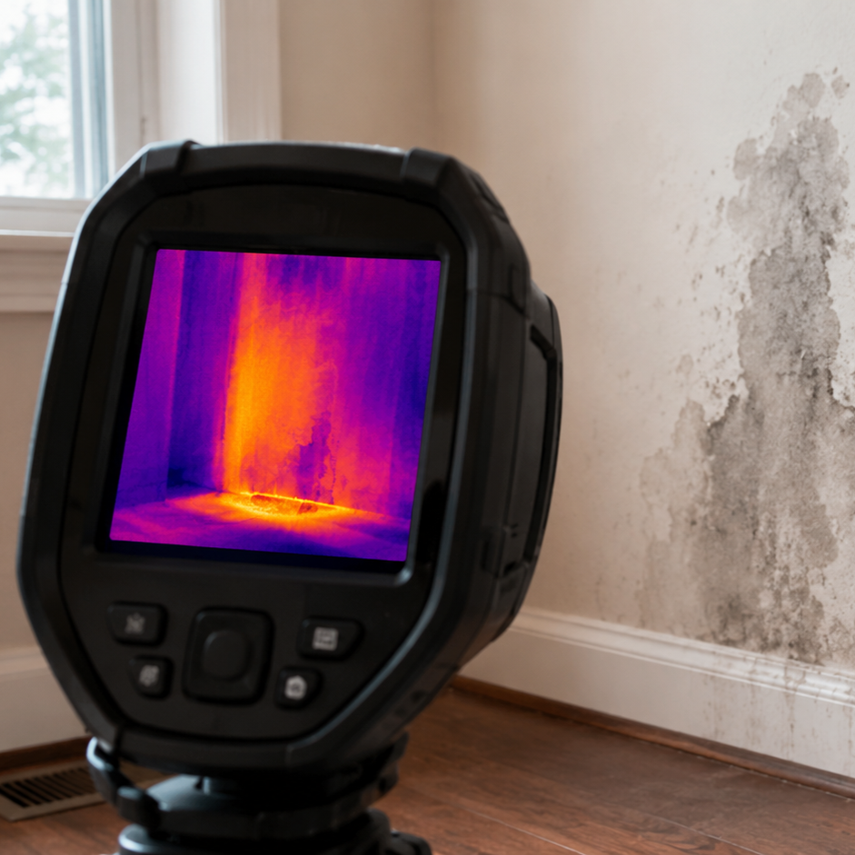 thermal camera aimed at a wall showing blue cool spots