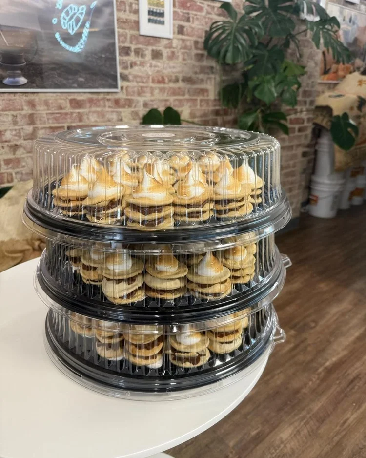 Stacked trays of mini rogel at the café