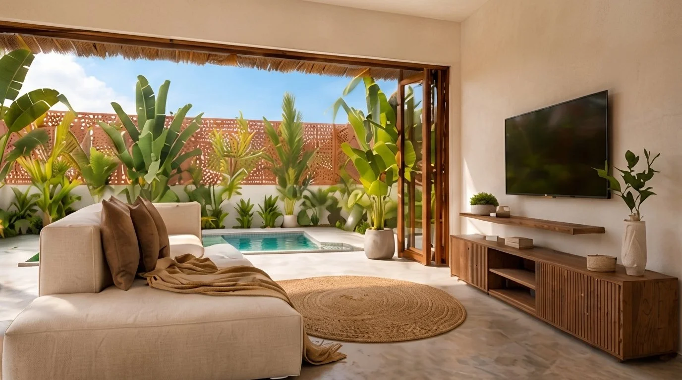 Sala abierta a la terraza con sofá claro, mueble de madera y vista a la piscina