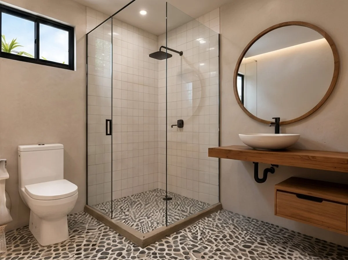 Baño con ducha de vidrio, piso de piedra y lavabo sobre repisa de madera