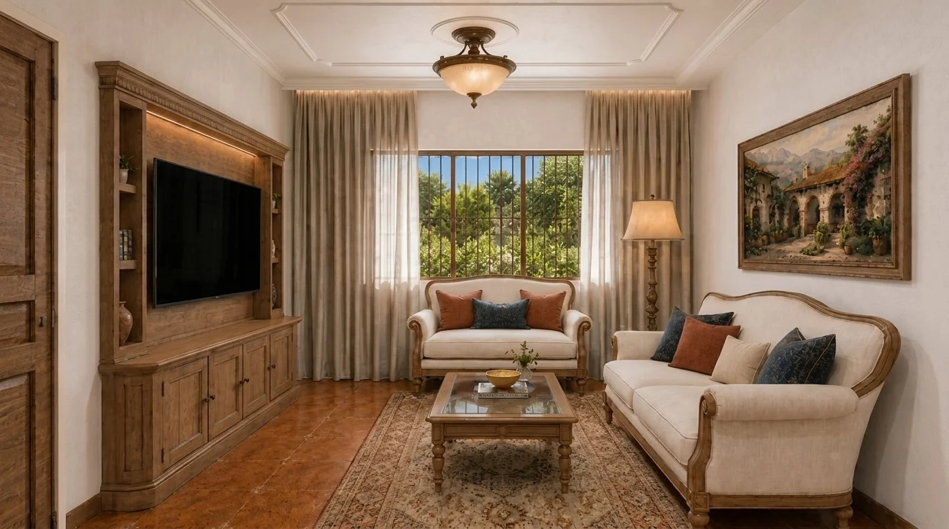 Sala colonial con muebles de madera tallada, sofás tapizados y piso de barro
