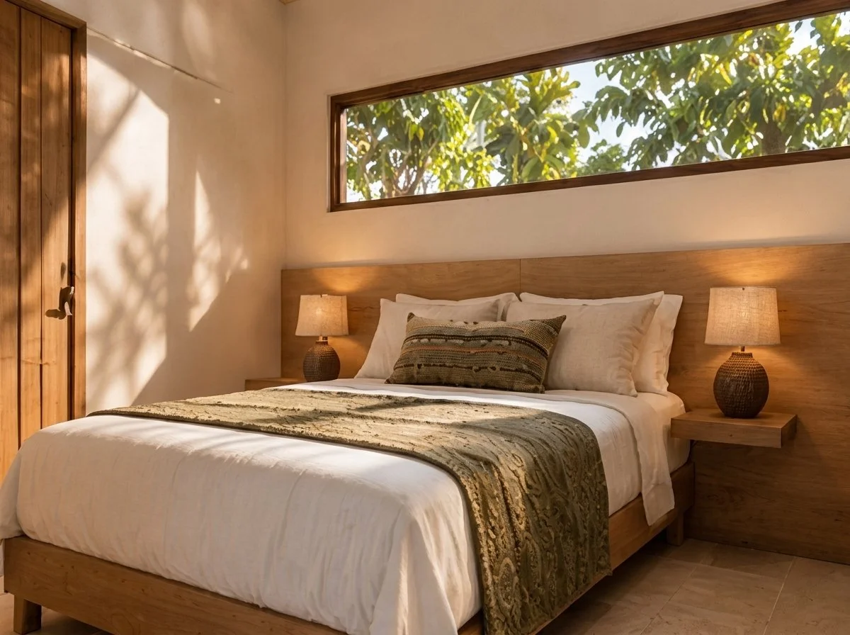 Dormitorio principal con cama de madera y ventana horizontal hacia los árboles