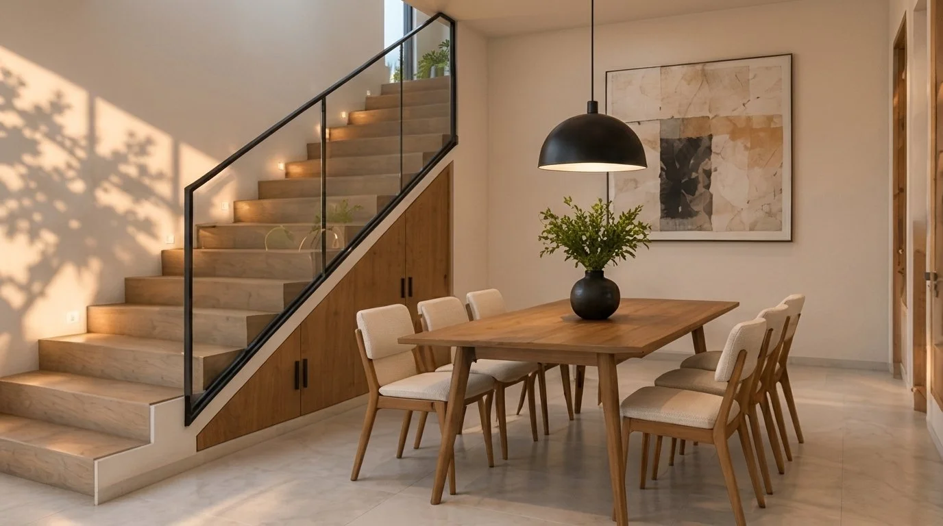 Comedor junto a la escalera con baranda de vidrio