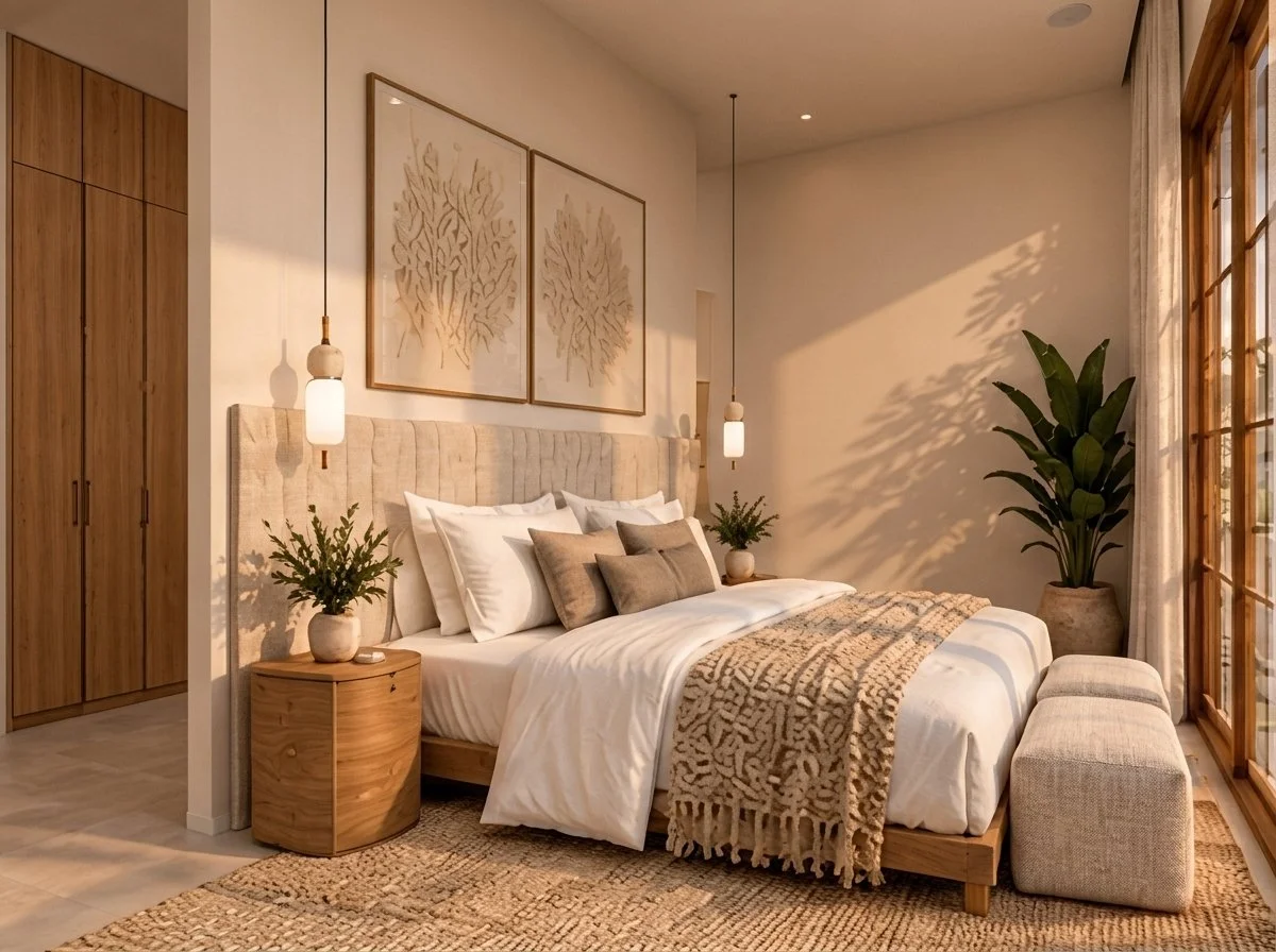 Dormitorio en tonos claros con banqueta y cuadros de textura