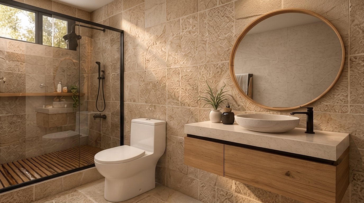 Baño en piedra beige con espejo redondo y mueble de madera
