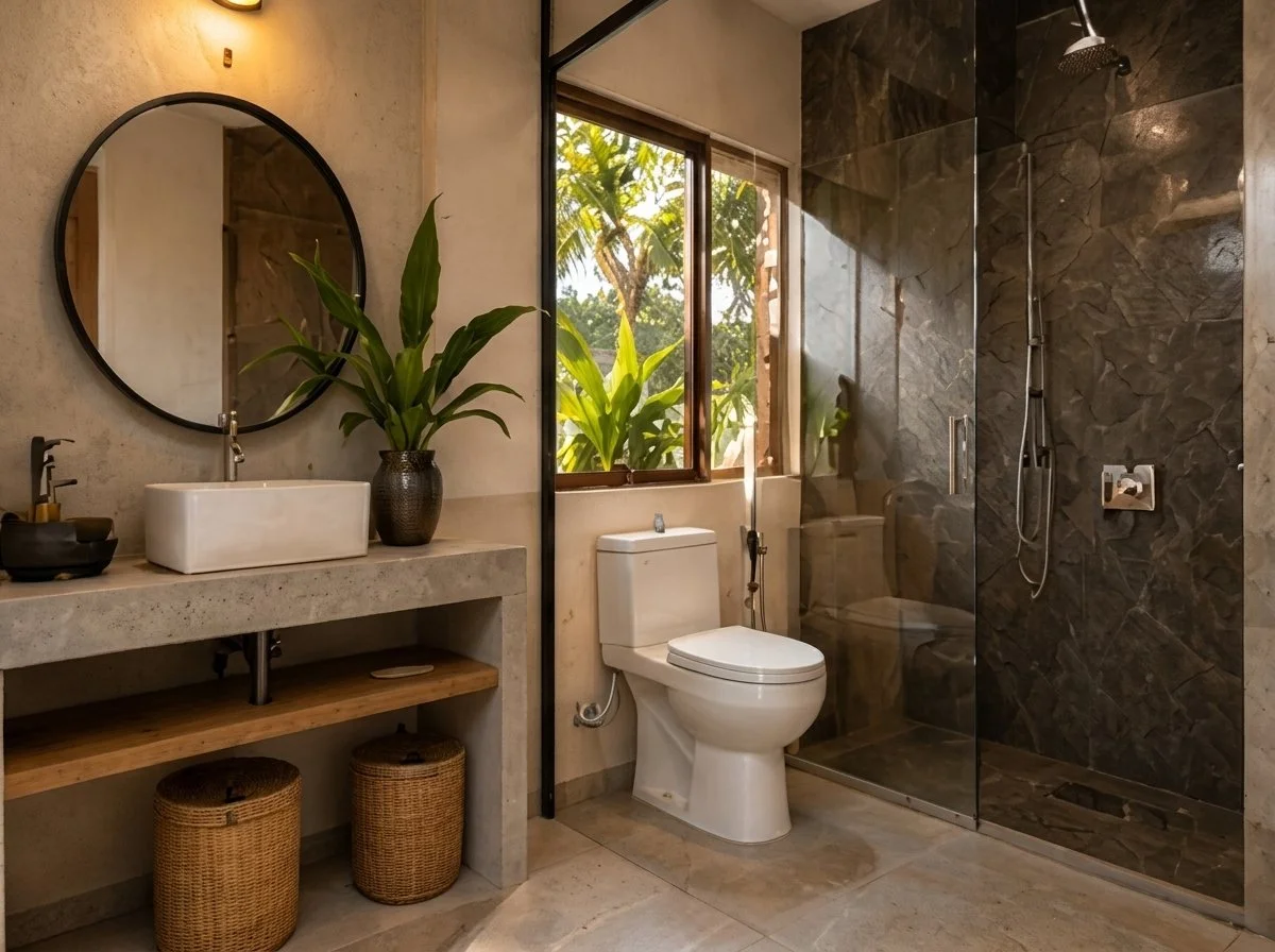 Baño principal con lavabo sobre concreto, espejo redondo y ducha de piedra oscura