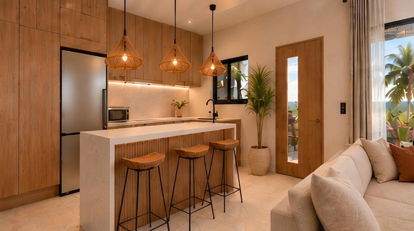 Cocina abierta con barra y sala con sofá en tonos cálidos