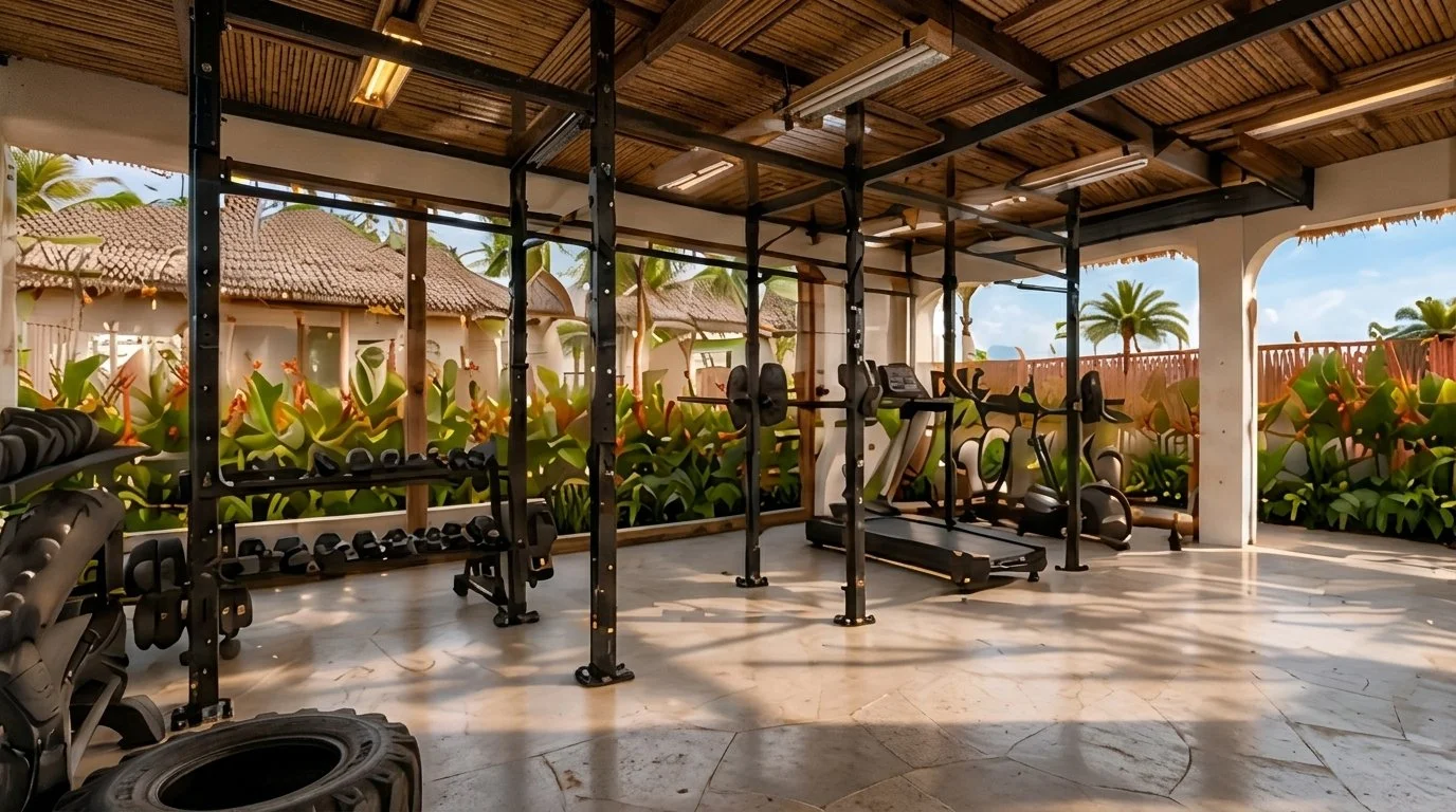 Gimnasio al aire libre con estructura metálica, pesas y caminadora
