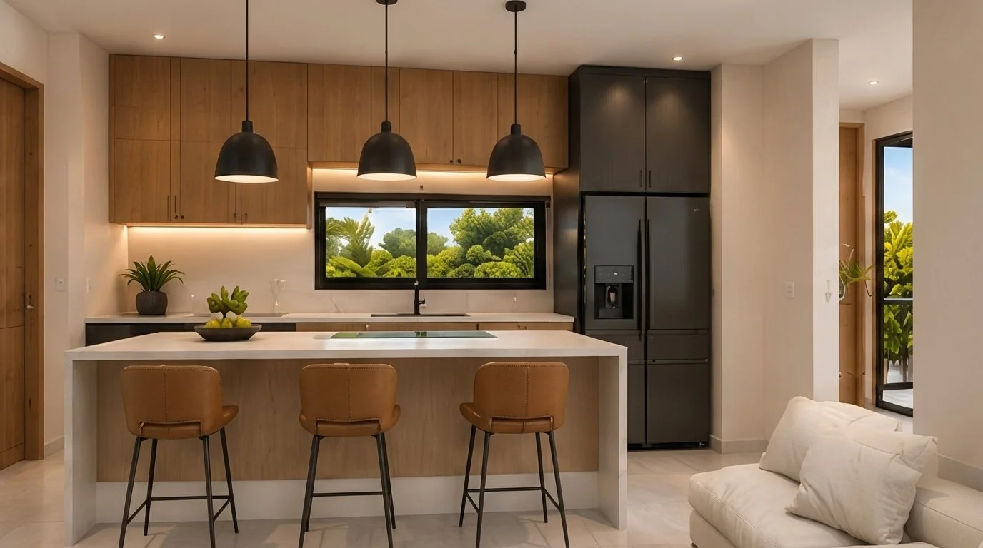 Cocina con isla blanca, banquetas de cuero y lámparas negras