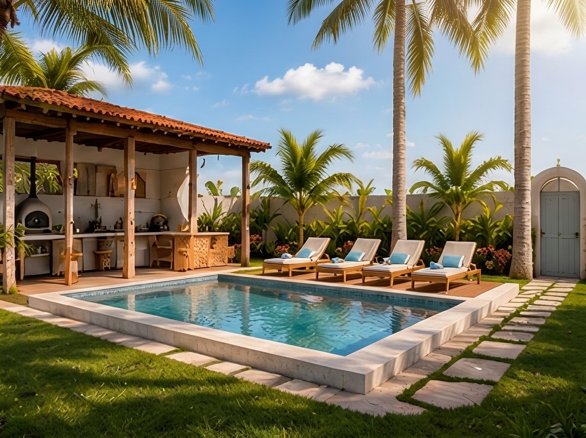 Área exterior con piscina, camastros, rancho con techo de teja y palmeras
