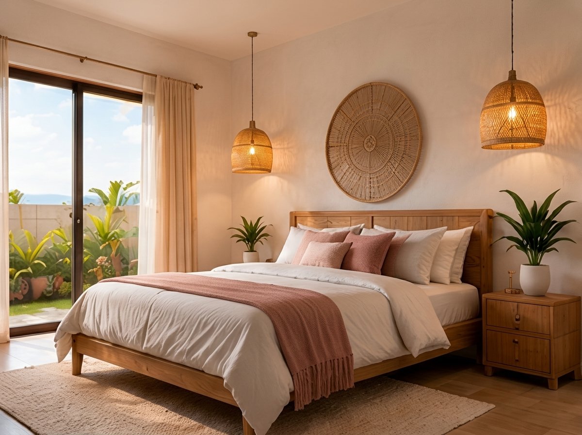 Dormitorio principal con cama de madera, ropa de cama rosada y lámparas de fibra