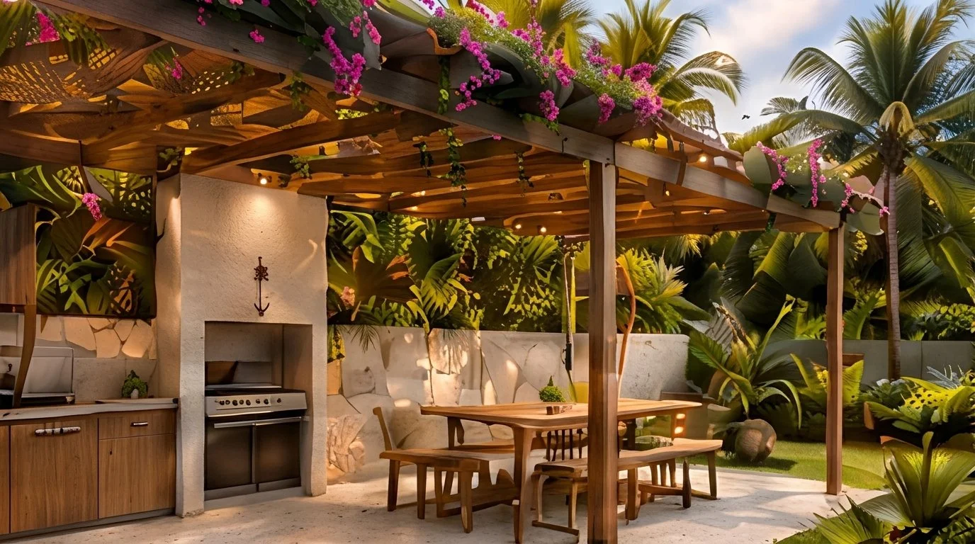 Área exterior con pérgola de madera, buganvilias, cocina y comedor al aire libre