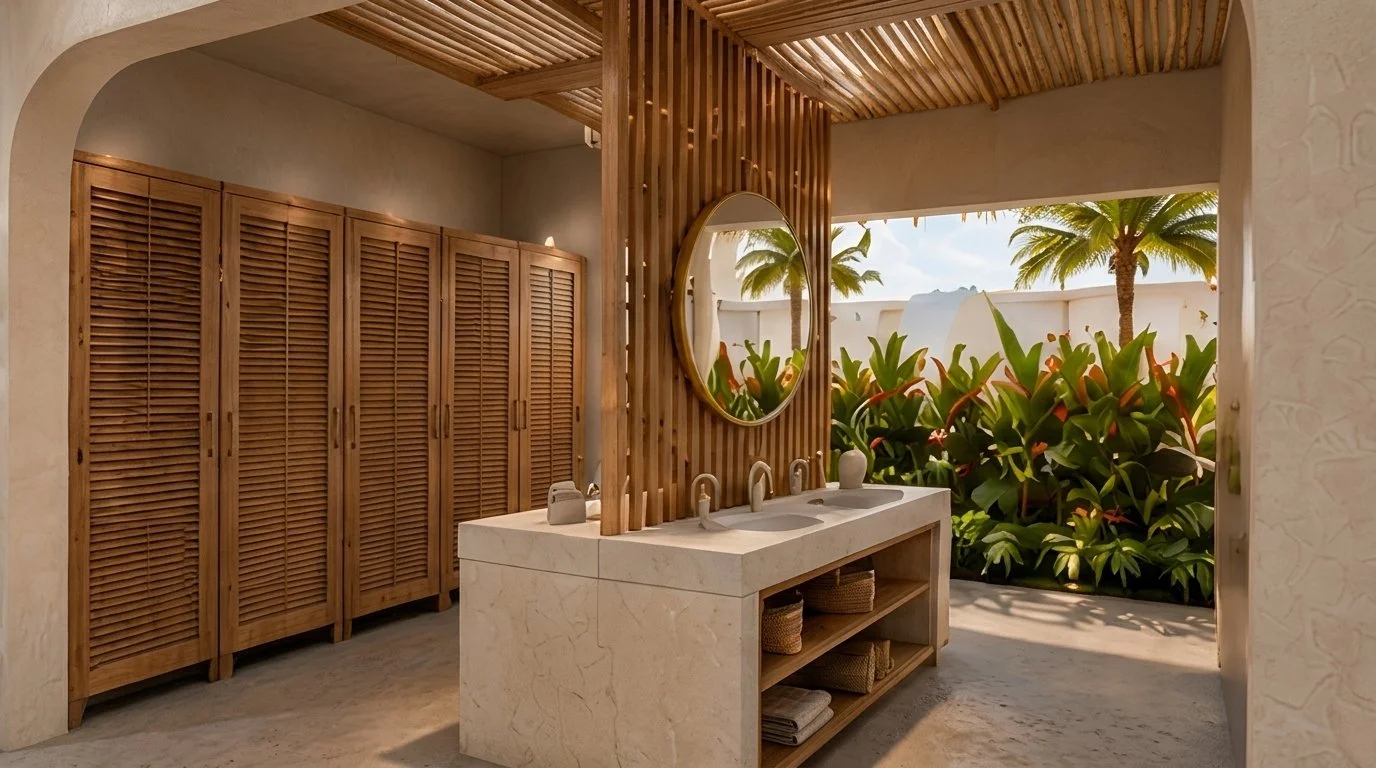 Vestidores con lockers de madera, lavabo y espejo redondo