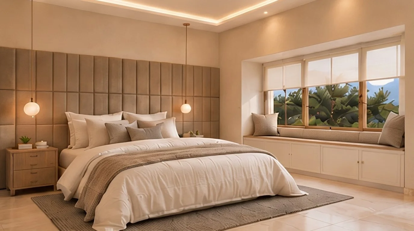 Dormitorio principal con cabecera tapizada y ventanal hacia la vegetación
