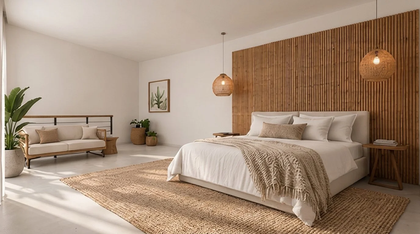 Dormitorio con pared de listones de madera y lámpara de fibra