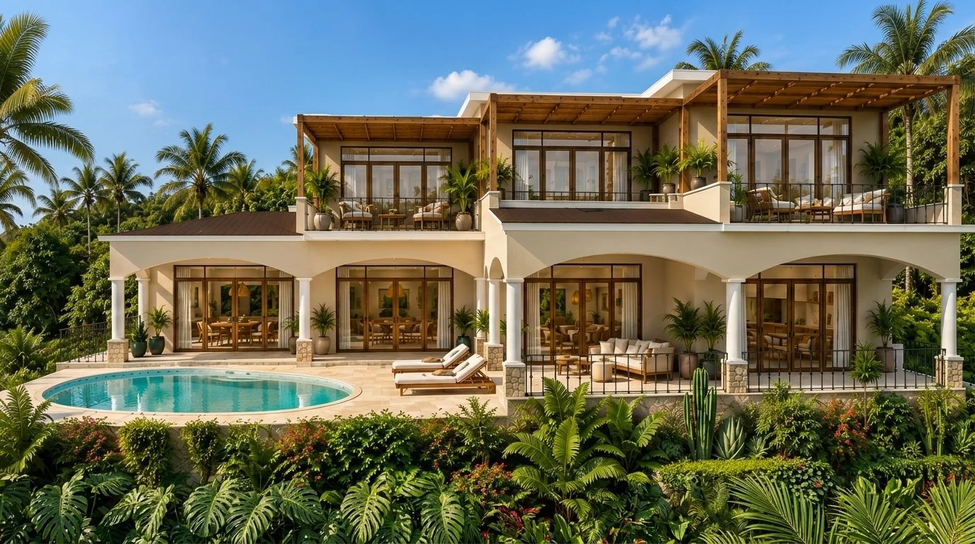 Residencia RS en Residencial Atami: casa de dos niveles con pérgolas de madera, arcos, terrazas y piscina rodeada de palmeras
