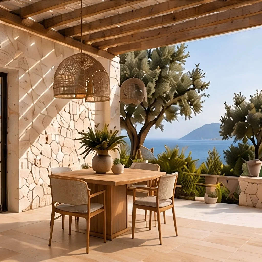 Terraza techada con pérgola de madera, muro de piedra y comedor exterior